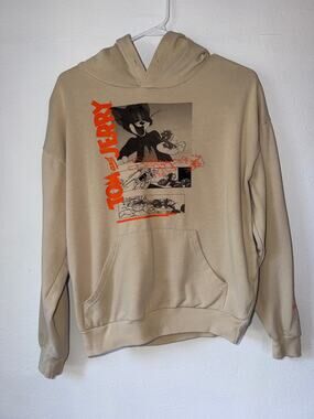 Tan Colored Tom & Jerry Cartoon Graphic Print Long Sleeve Hoodie Size Large